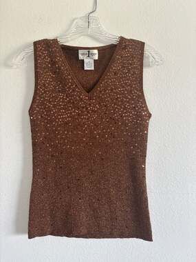 Once Again Petites Bronze Metallic Sequin V-Neck Knit Tank Top size PM